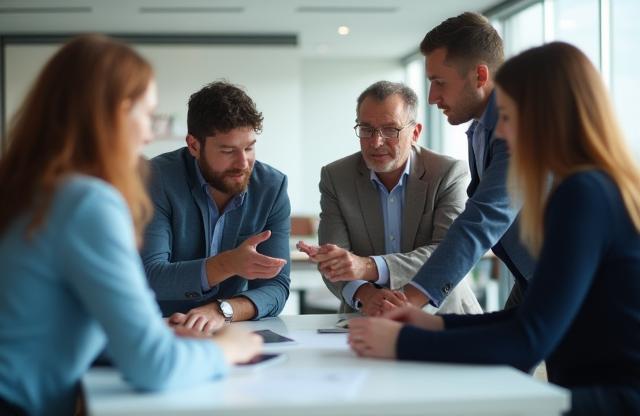 Team members collaborating professionally in a bright office environment